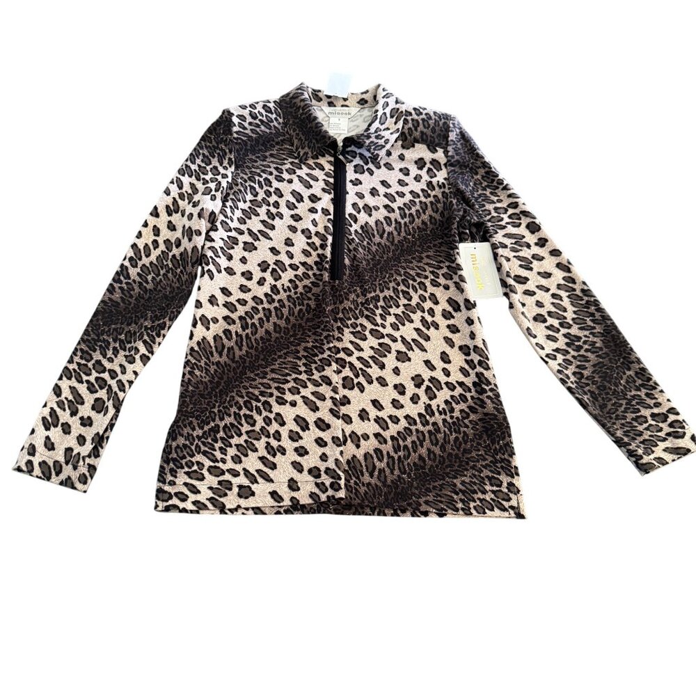 Exclusively Misook Women's Leopard Spot Pattern Half Zip LS Blouse Top, Sz S NWT